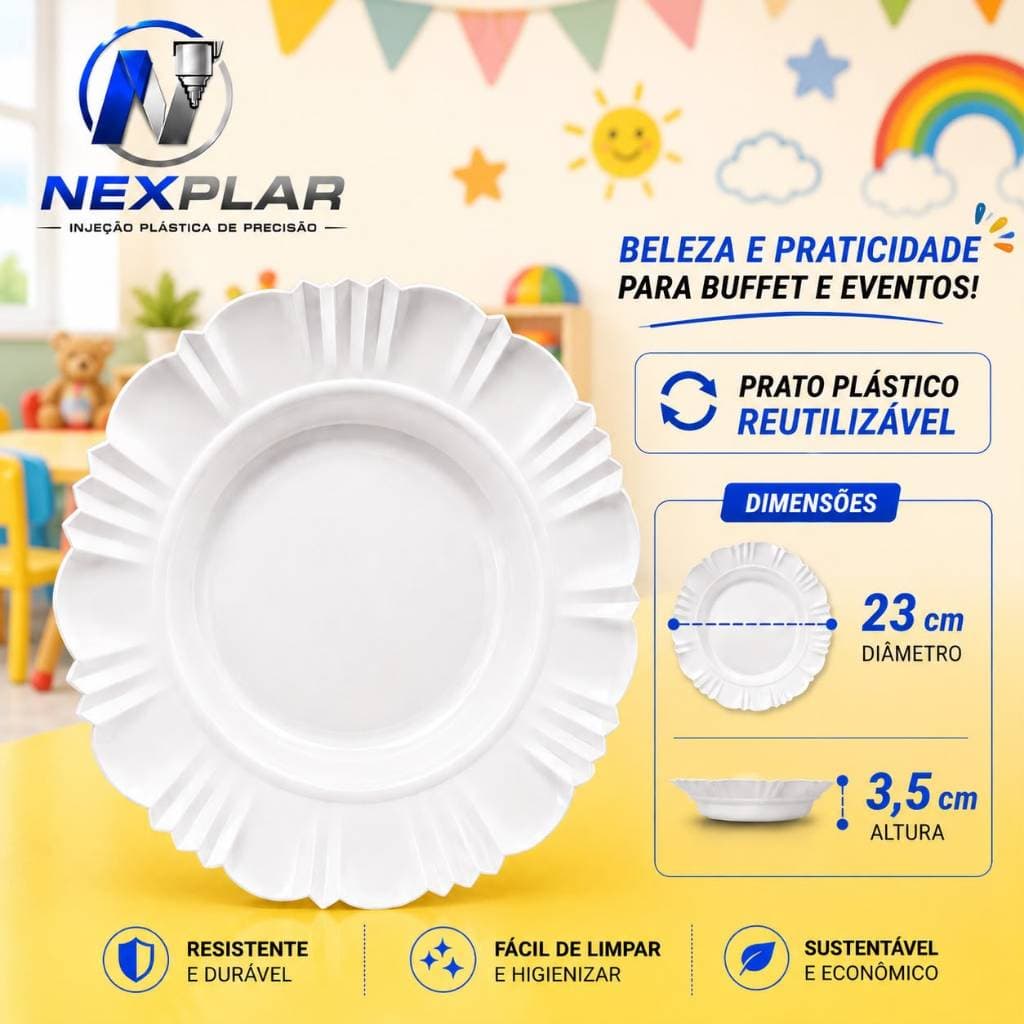 KIT 10/30/50/100 PRATO PLÁSTICO  FUNDO  BRANCO REUTILIZÁVEL INFANTIL MERENDA ANIVERÁRIOS ALMOÇO BUFETT LANCHE ESCOLAR