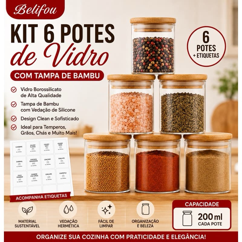 Belifou 200ML Kit 6 Potes Para Alimentos Com Tampa Bambu Potes Vidro Potes Pote De Vidro Selado
