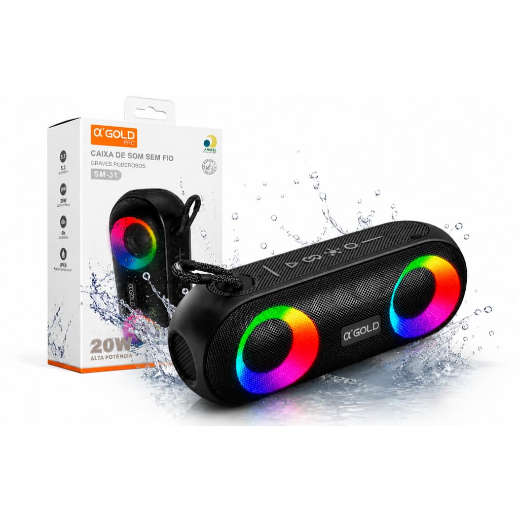 Caixa de Som Bluetooth A'Gold SM-31 - 20W, IPX6 Resistente à Água, Graves Potentes, RGB, Bluetooth 5.3, Portátil