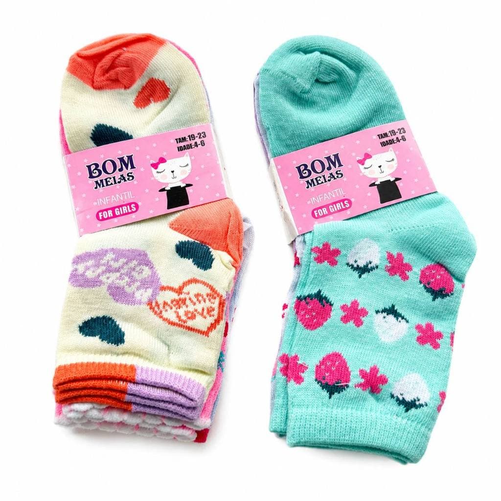 Kit 3 Pares Meia Infantil Menina de 2 a 4 Anos Tamanho 15-19 e 4 a 6 Anos Tamanho 19-23