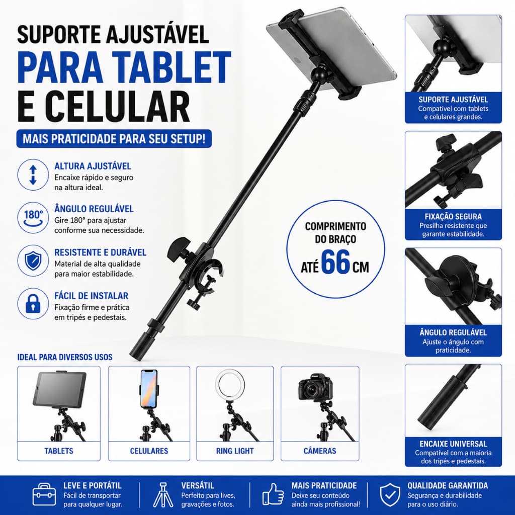 Braço Articulado Para Tripé Suporte Tablet Celular Ajustável 66cm Com Garra Universal
