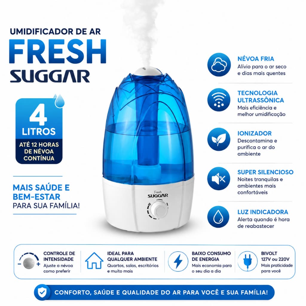 Umidificador de Ar Suggar Fresh 4 Litros Bivolt Ultrassônico Névoa Fria