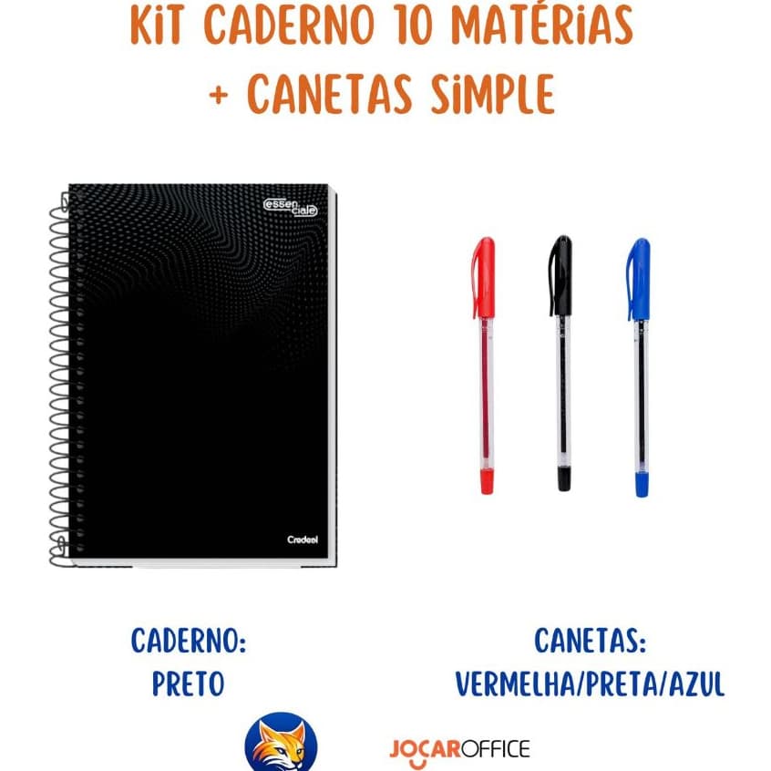 Kit Caderno Universitário 10 Matérias Preto Rosa com 160 Folhas Capa Dura + 3 Canetas Simple Espiral Escolar