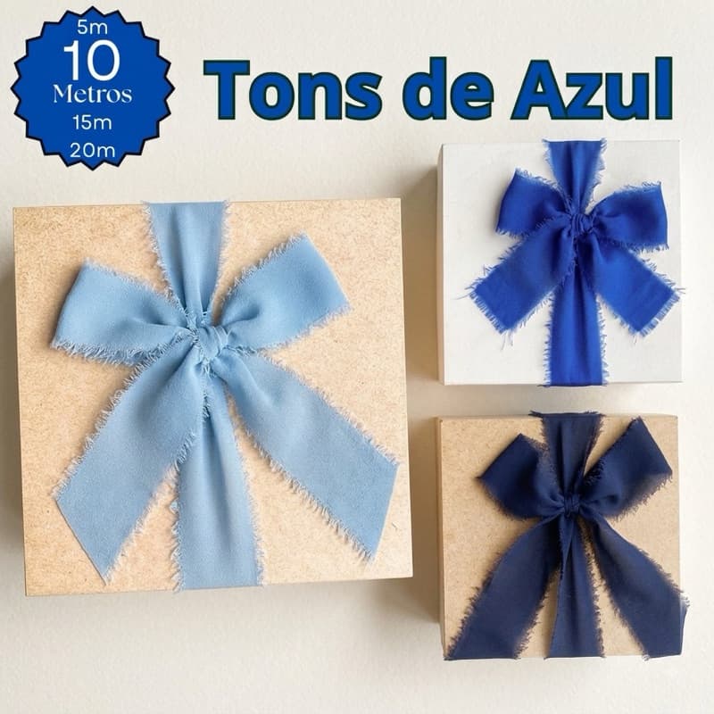 Fita Chiffon Azul Artesanal Rústica Desfiada para casamentos, caixas padrinhos, festas