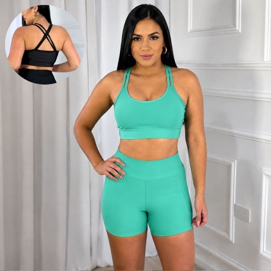 Conjunto Fitness - Top e Short Feminino Tecido Suplex com Bojo Removível Zero Transparencia Liso Básico Cintura Alta