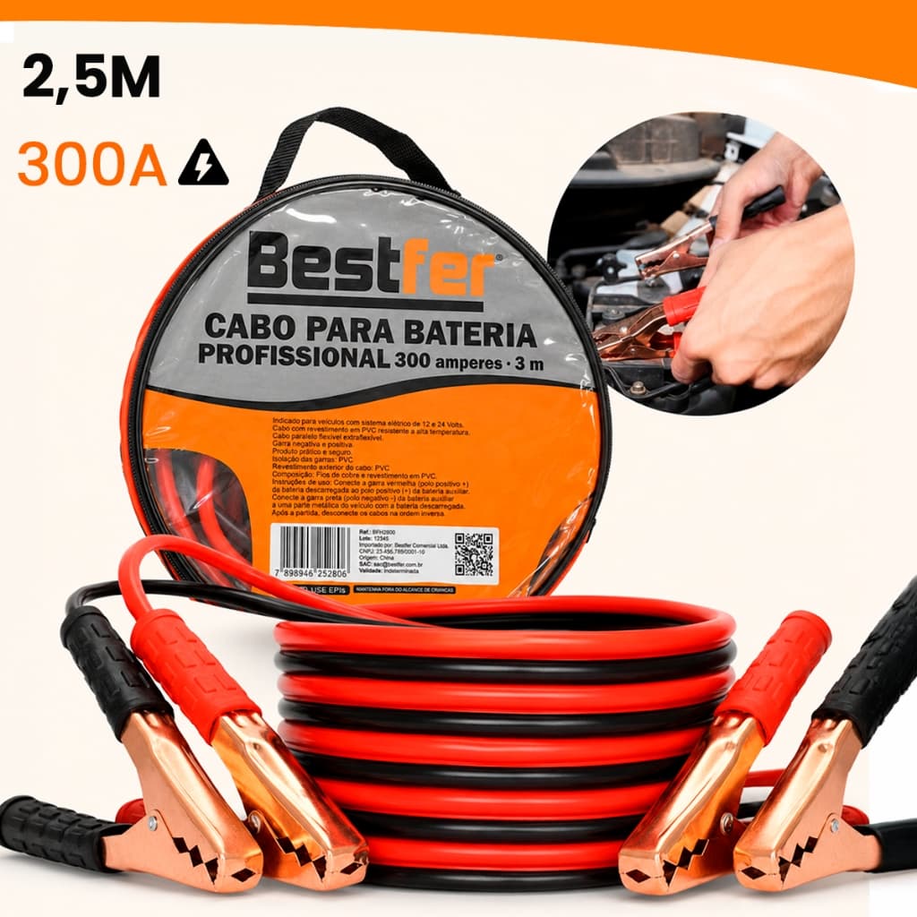 Cabo Chupeta Carregador 2,5M Bateria 300amp Carro Caminhao Moto Bestfer
