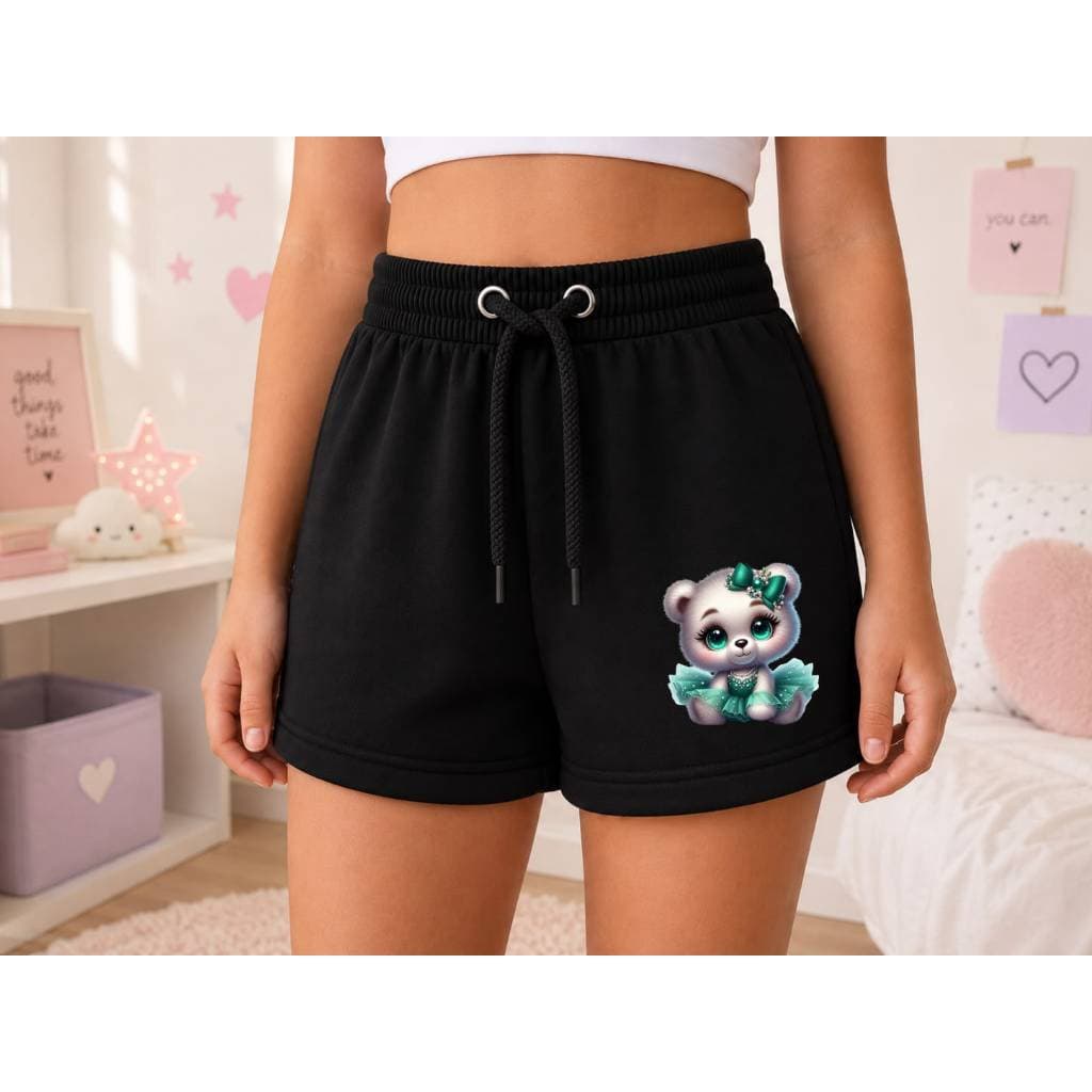 Short Infantil Feminino de Moletom Confortável para Menina, Estampa de Ursinha Fofa para Passeio e Uso no Dia a Dia
