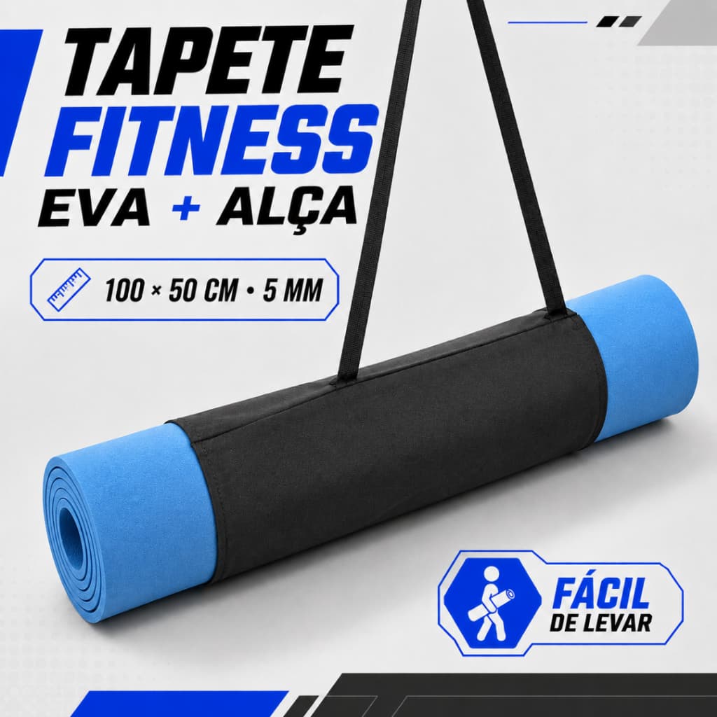 Tapete Fitness EVA 100x50cm 5mm com Alça Porta Tapete Yoga Pilates
