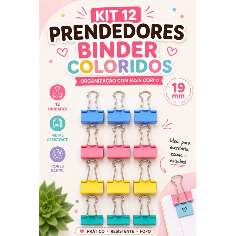 Kit 12 Prendedores de Papel Binder Clips Coloridos 19mm para Escritório e Estudos