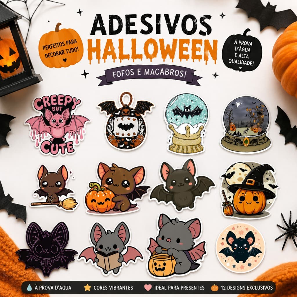 KIT 12 Adesivos Halloween Fofos e Macabros Abobora Gatos Morcegos Goticos Stickers Criativos