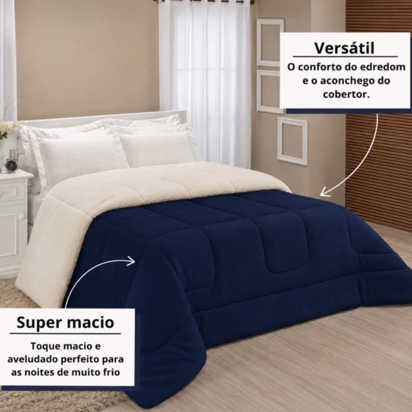 Coberdrom Queen Dupla Face Sherpa Pele de Carneiro Soft Felpudo 2,40m x 2,20m Para Cama Masculina e Feminina