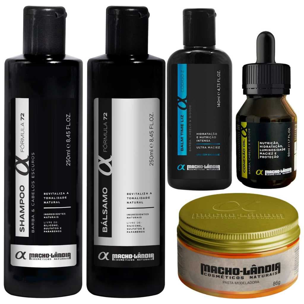 Kit Completo Macho-lândia Cabelo e Barba Shampoo e Balsamo Fórmula 72 250ml + Balm 140ml + Óleo 50ml + Pomada Fix 86g