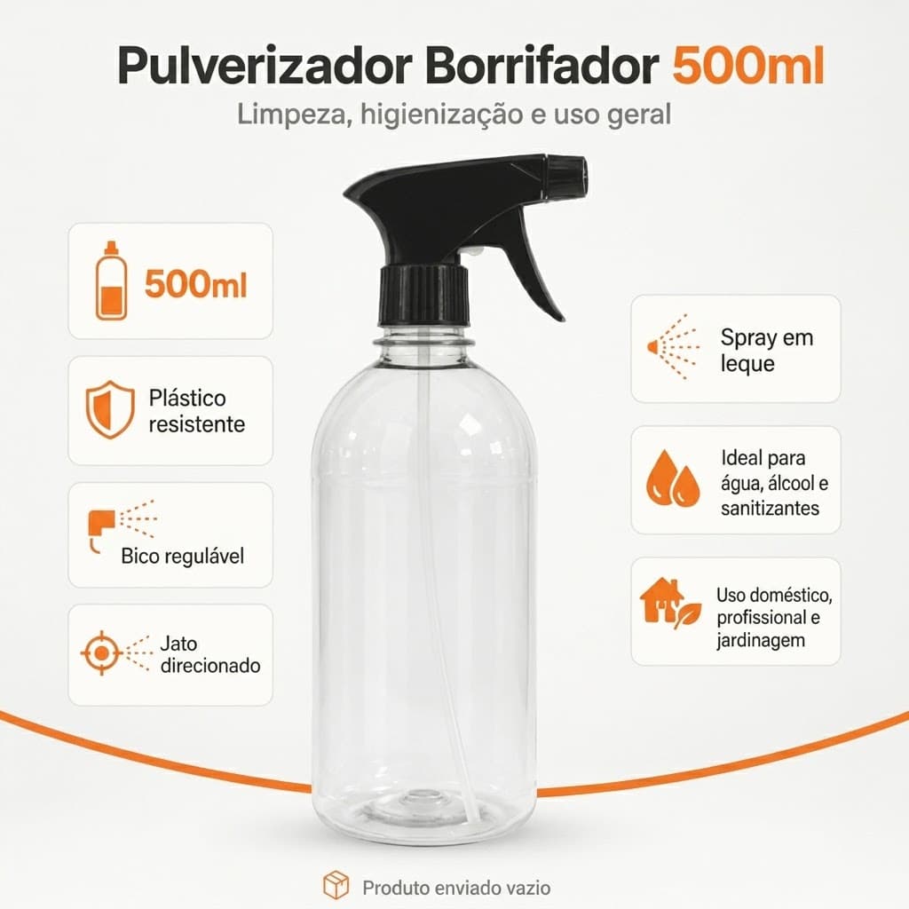 Pulverizador Borrifador 500ml Plástico Resistente Spray Jato Leque Limpeza Água Álcool