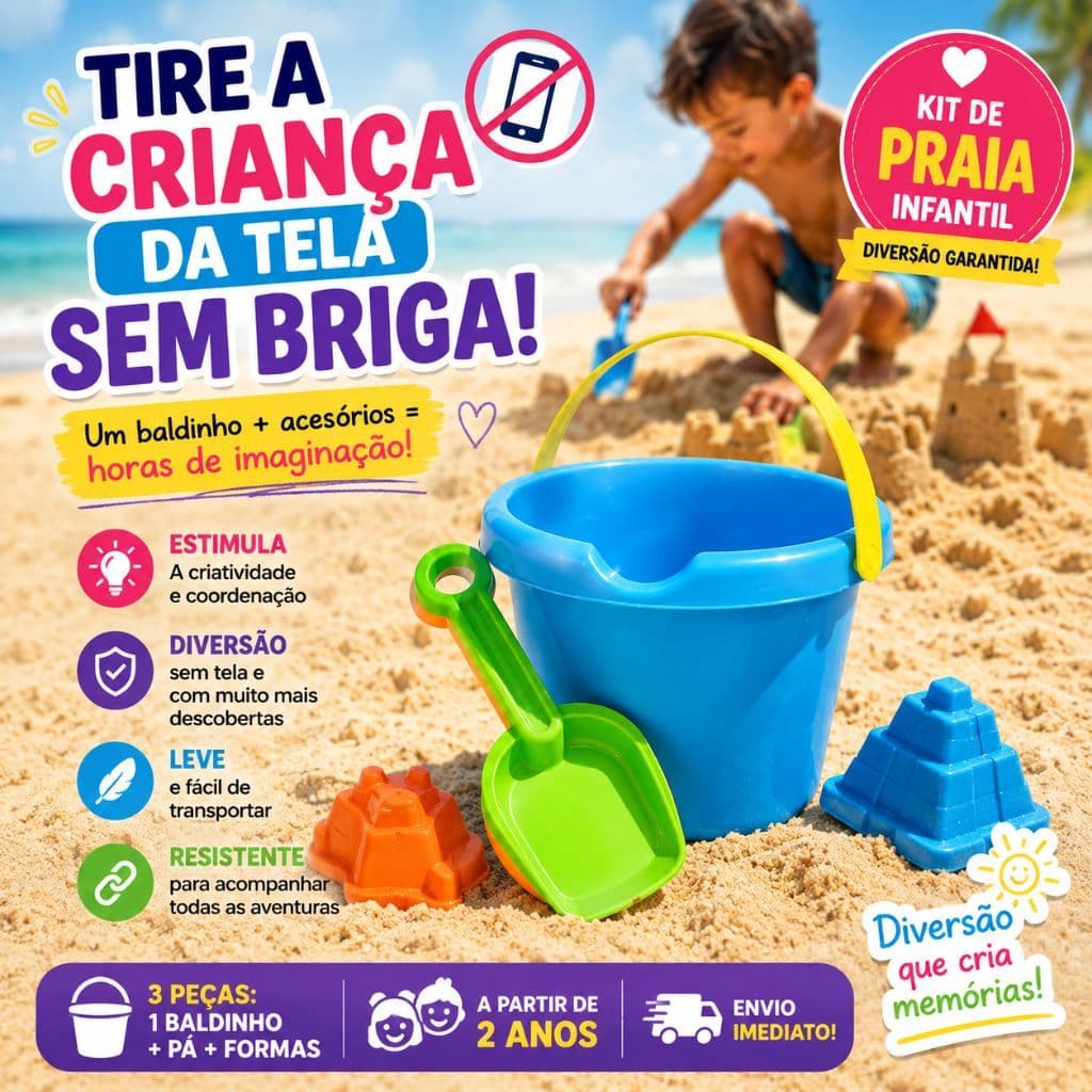 Kit Praia Infantil com Balde Pá e Forminhas Brinquedo de Areia Criança 2+ Colorido