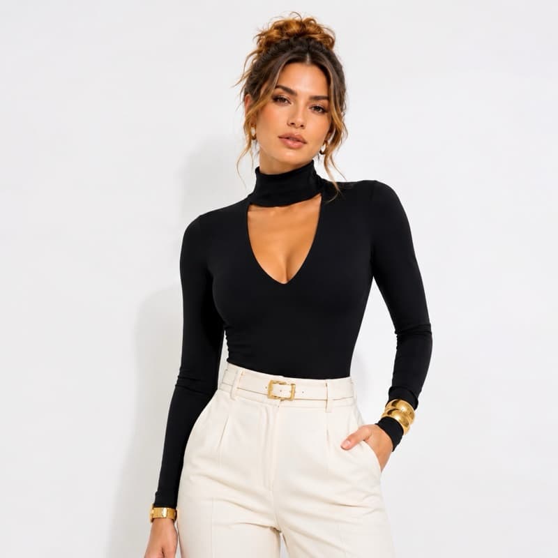 Body Feminino Manga Longa Gola Alta Decote V Suplex Premium Modelador Elegante
