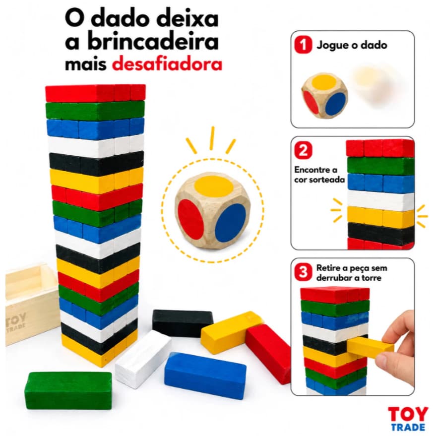 Jogo Torre de Madeira 54 Blocos Caiu Perdeu com Suporte Brinquedo Educativo TOY TRADE Original