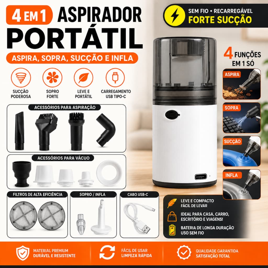 Aspirador Portátil Carro 4 em 1 USB‑C Recarregável, Mini Bomba de Ar para Sacos a Vácuo Colchão Boia Casa