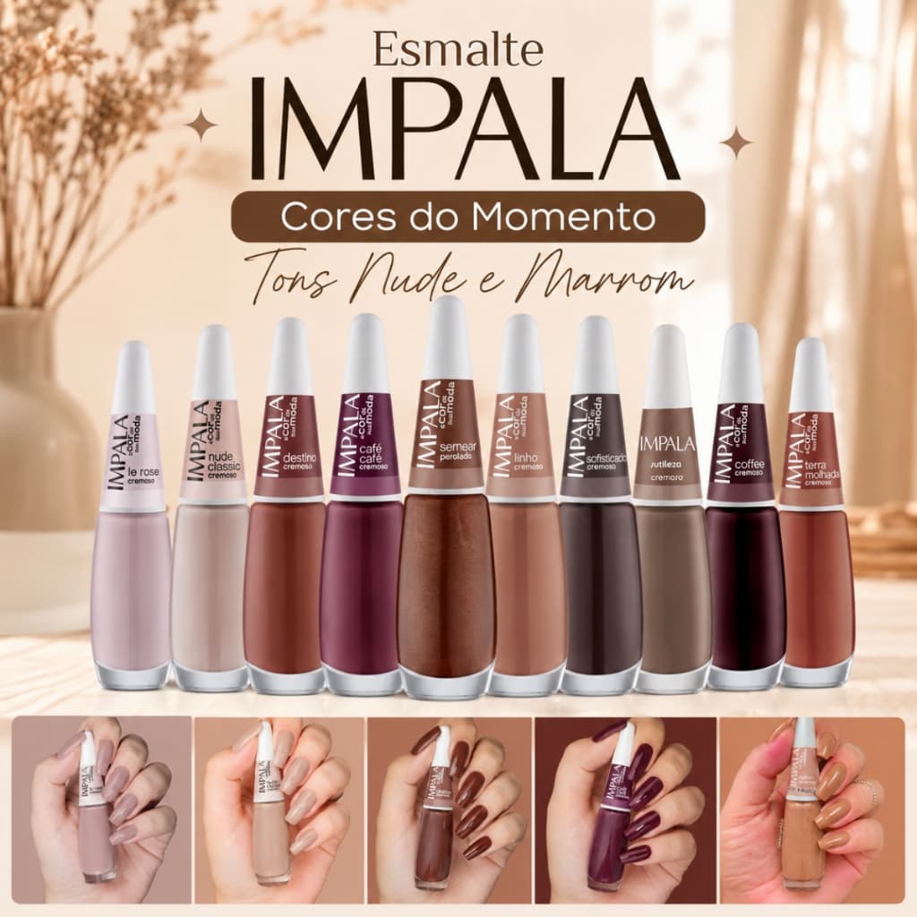 Kit Esmaltes Impala Cores do Momento Tons Nude e Marrom Café Atacado Manicure