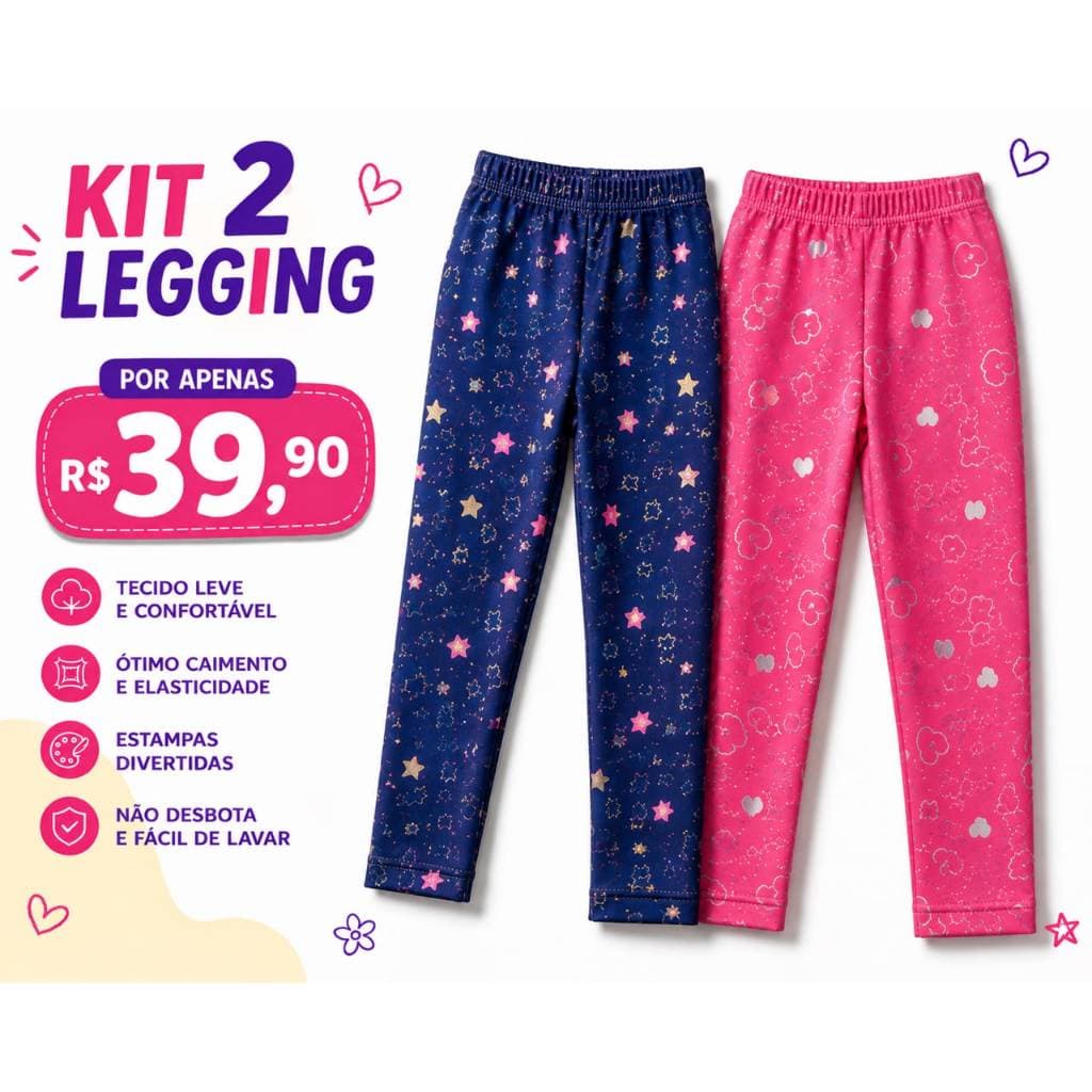 Kit 2 Calças Legging Infantil Menina Cotton Básica Confortável Tamanho 02 ao 12