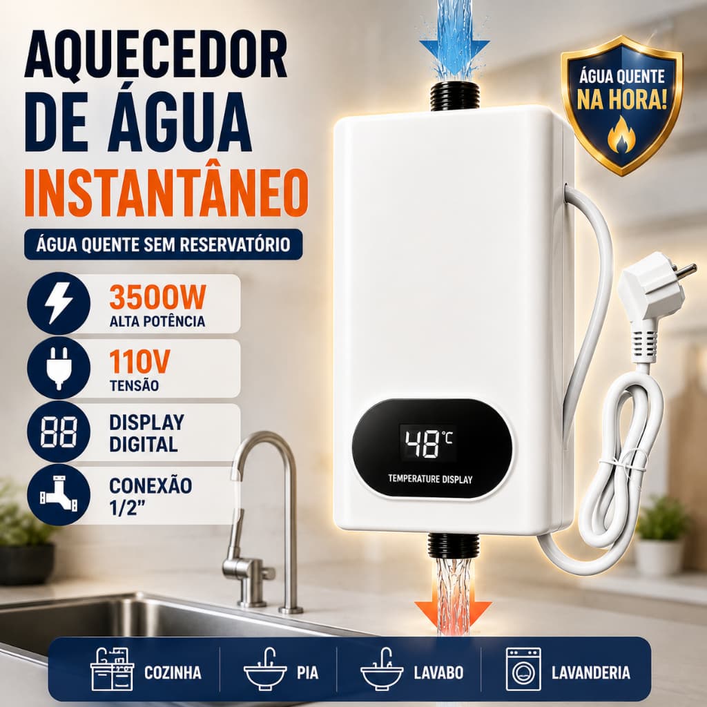 Aquecedor de Água Elétrico Instantâneo 3500W 110V com Display Digital Sem Tanque para Pia Cozinha