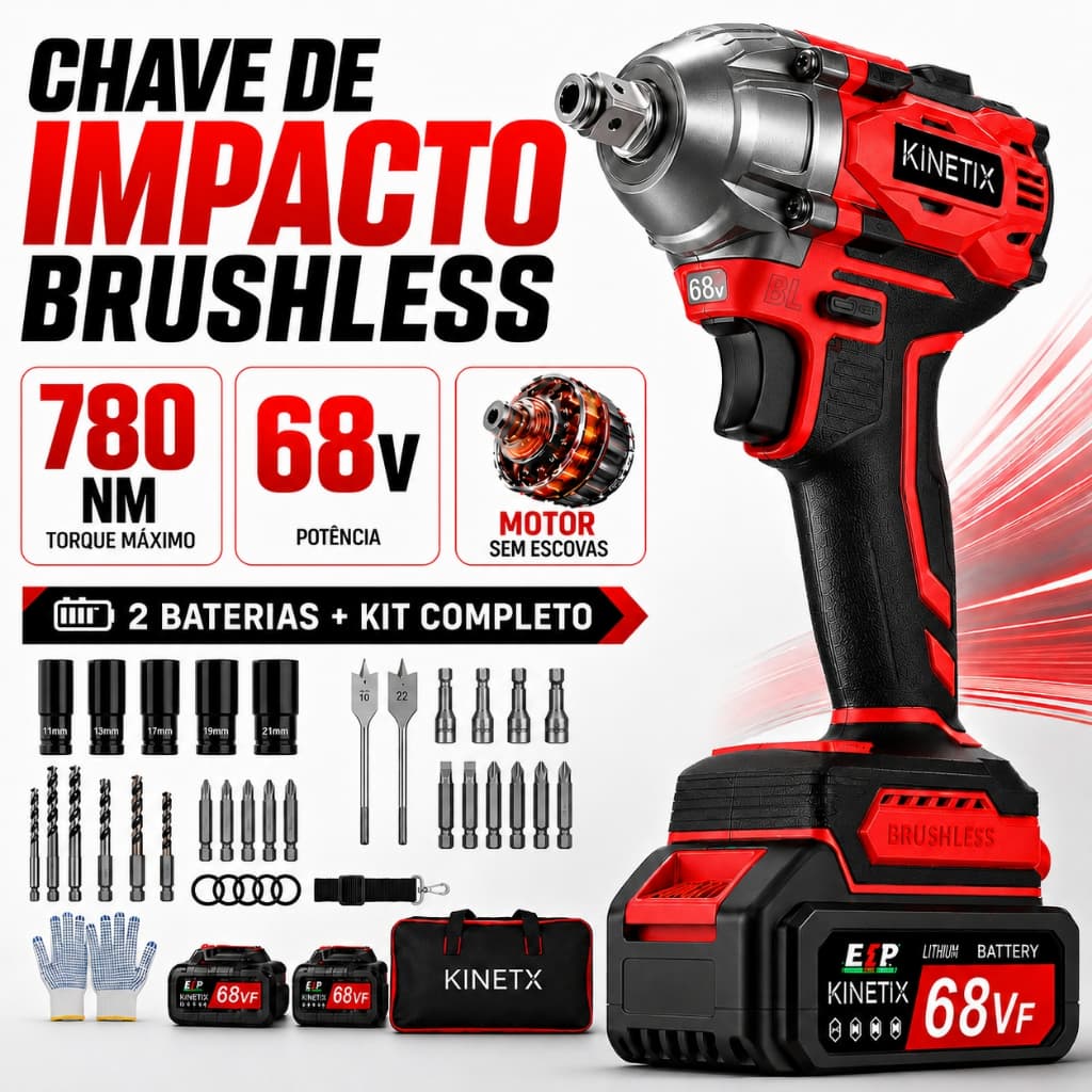 Chave De Impacto Parafusadeira KINETX Brushless 780Nm Encaixe 1/2" a Bateria 68V Kit 2 Baterias Brocas e Soquetes