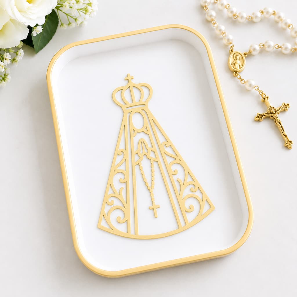 Bandeja Porta Terço Nossa Senhora Aparecida Religiosa Católica para Rosário Altar Oratório Presente Religioso