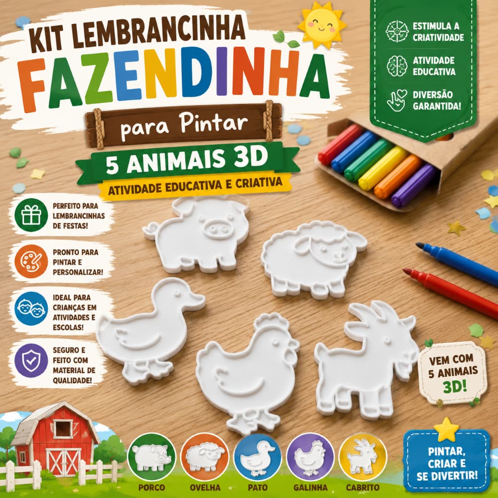 Kit Lembrancinha Fazendinha para Pintar - 5 Animais 3D - Atividade Educativa e Criativa