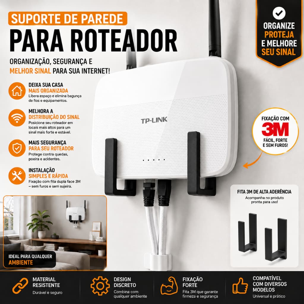 Suporte para Roteador WiFi e Modem de Parede Sem Furo com Fita 3M Adesiva Universal Organizador