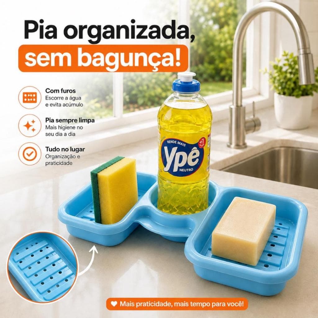 Porta Detergente e Esponja para Pia Suporte Sabão Cozinha Bucha Azul Coisas de Cozinha