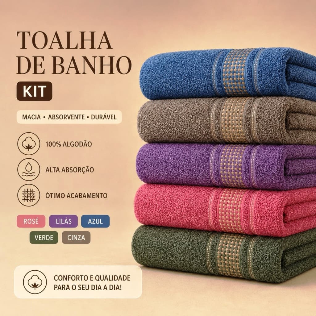 Kit 3 Toalhas de Banho Grande Felpuda Macia Premium  100% Algodão Excelente Absorção