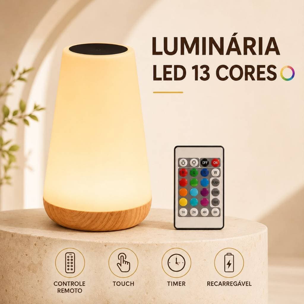 1/2 Luminária Noturna LED RGB 13 Cores Recarregável Controle Remoto e Touch
