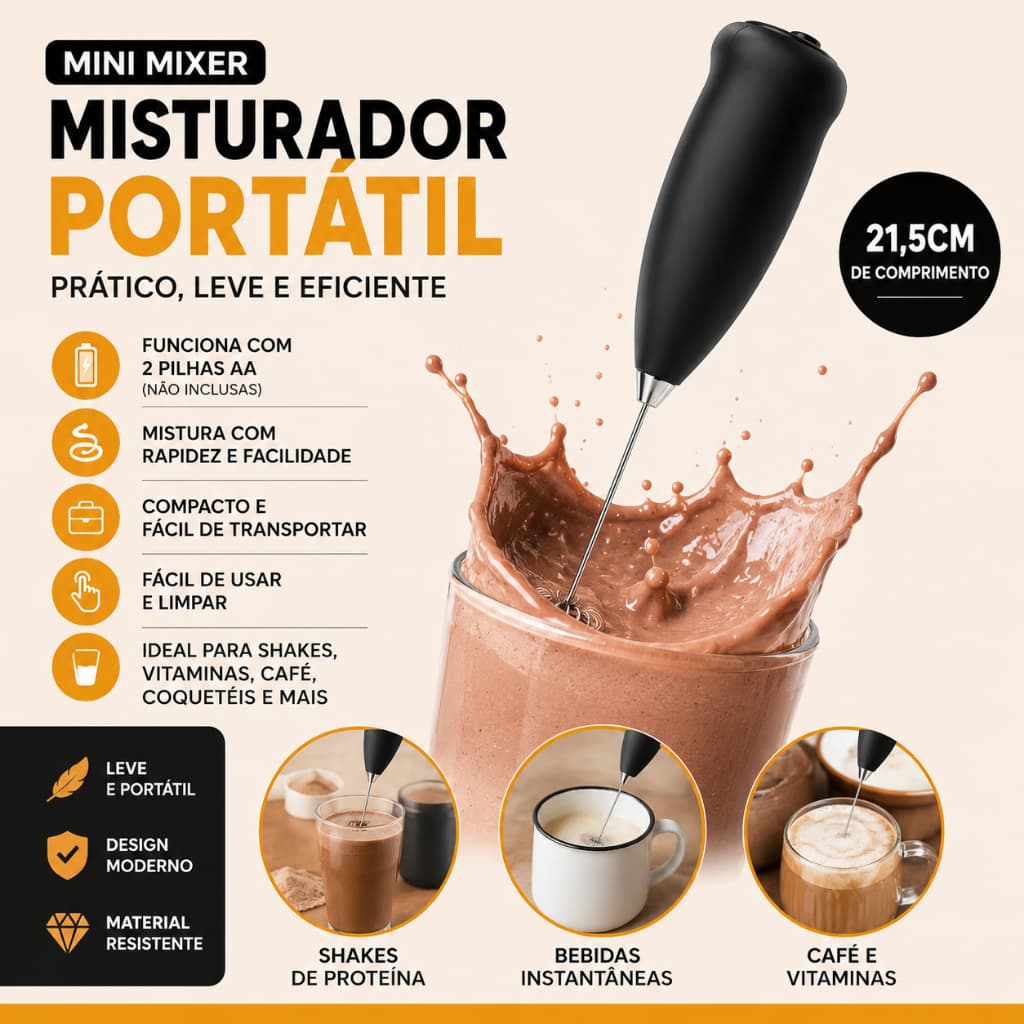 Mini Mixer Misturador De Bebidas Portátil Elétrico a Pilha Preto