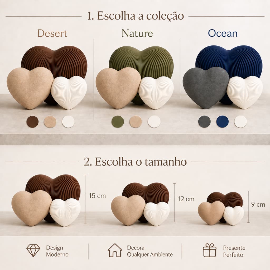 Kit 3 Corações Japandi Minimalista  Decoração Casa Sala Quarto 15cm 12cm 9cm