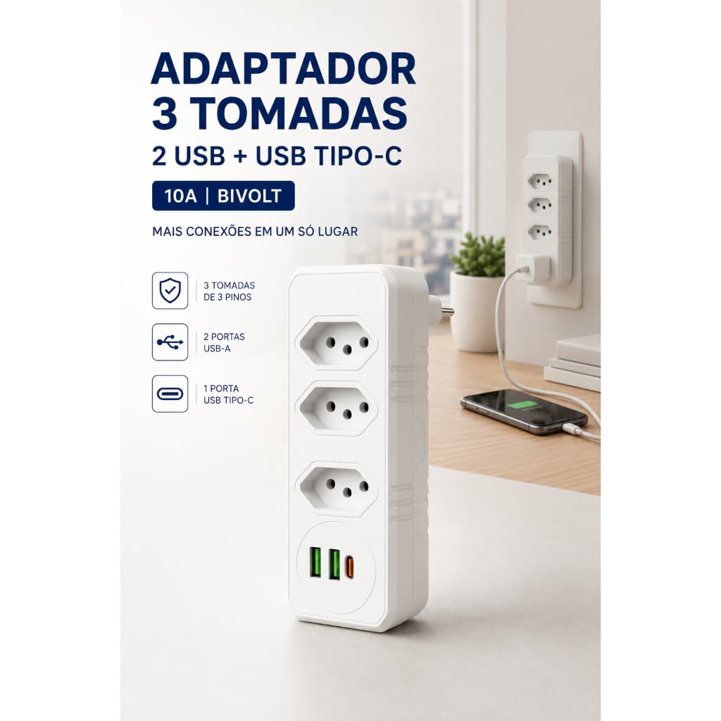 Benjamim Adaptador Tomada Usb C Filtro Linha Régua Usb