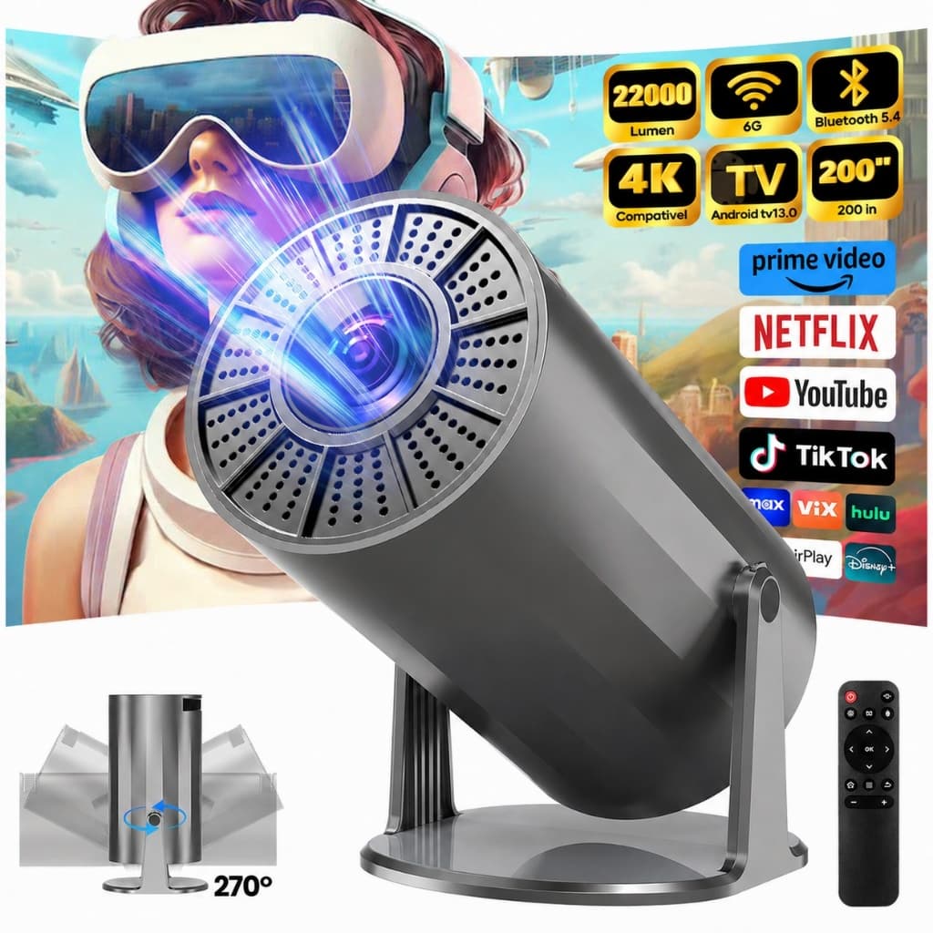 Projetor inteligente portátil, 4K Ultra HD, com entrada HDMI,Wi-Fi,Bluetooth e alto-falante embutido