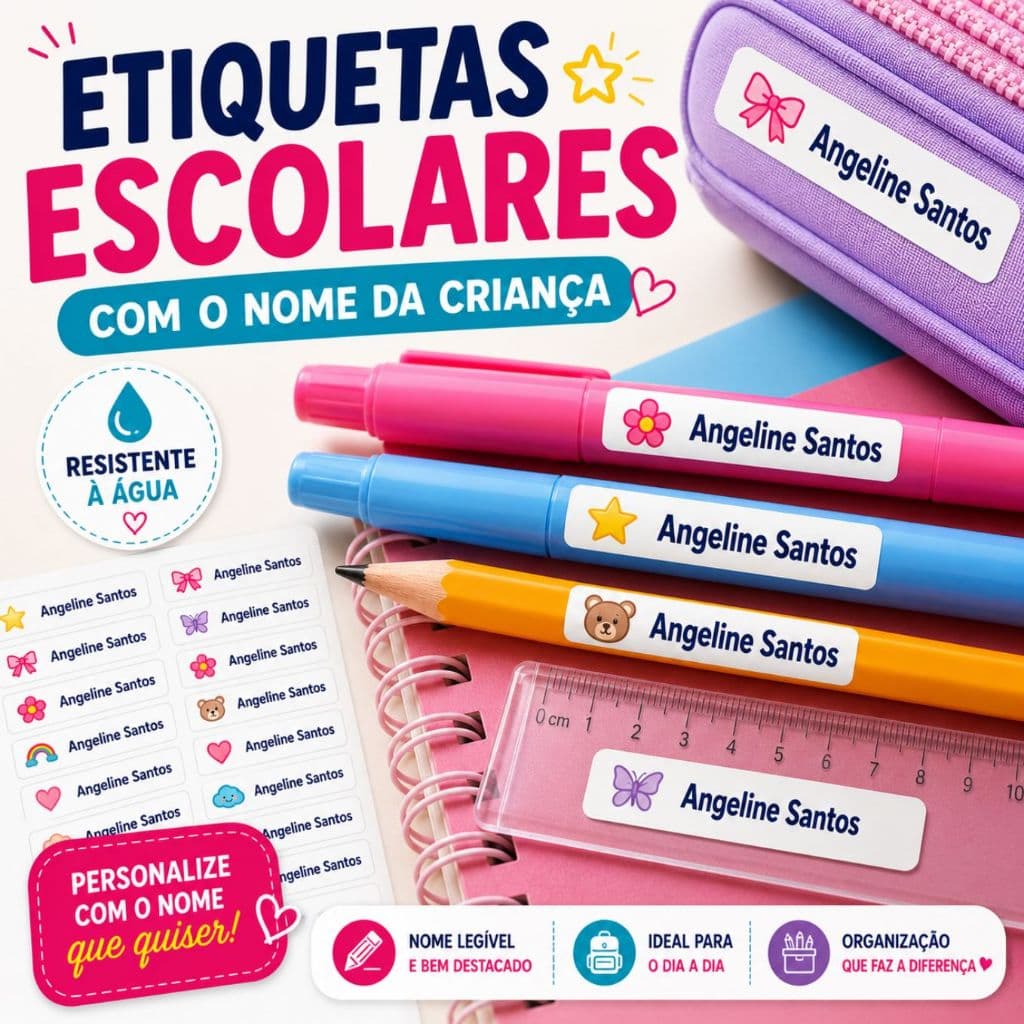 Etiqueta Escolar Personalizada com Nome Adesivo Material Escolar Lápis Caderno Infantil Escola