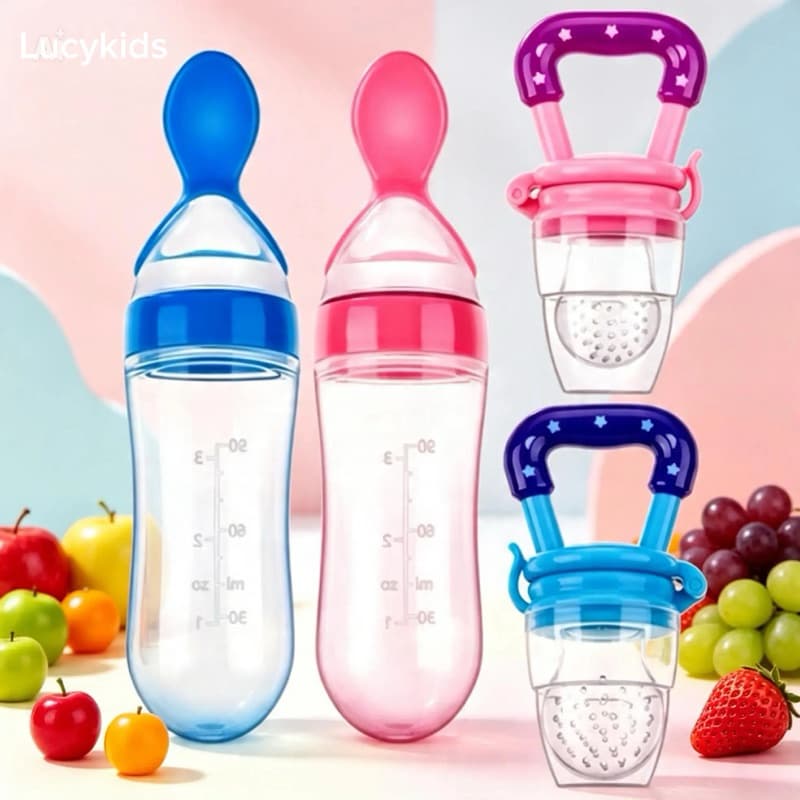 Kit 2 Pç Chupeta Mordedor porta frutas + mamadeira com collher dosadora de silicone introdução alimentar Bebê