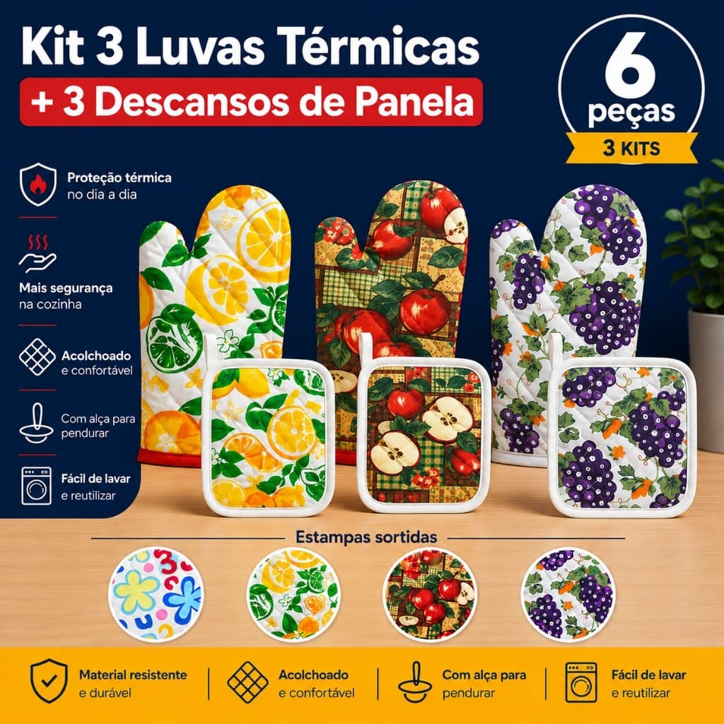 Kit 3 Luva Térmica Forno Fogão Cozinha + 3 Descanso de Panela Pegador Térmico Panela Quente 6 Peças