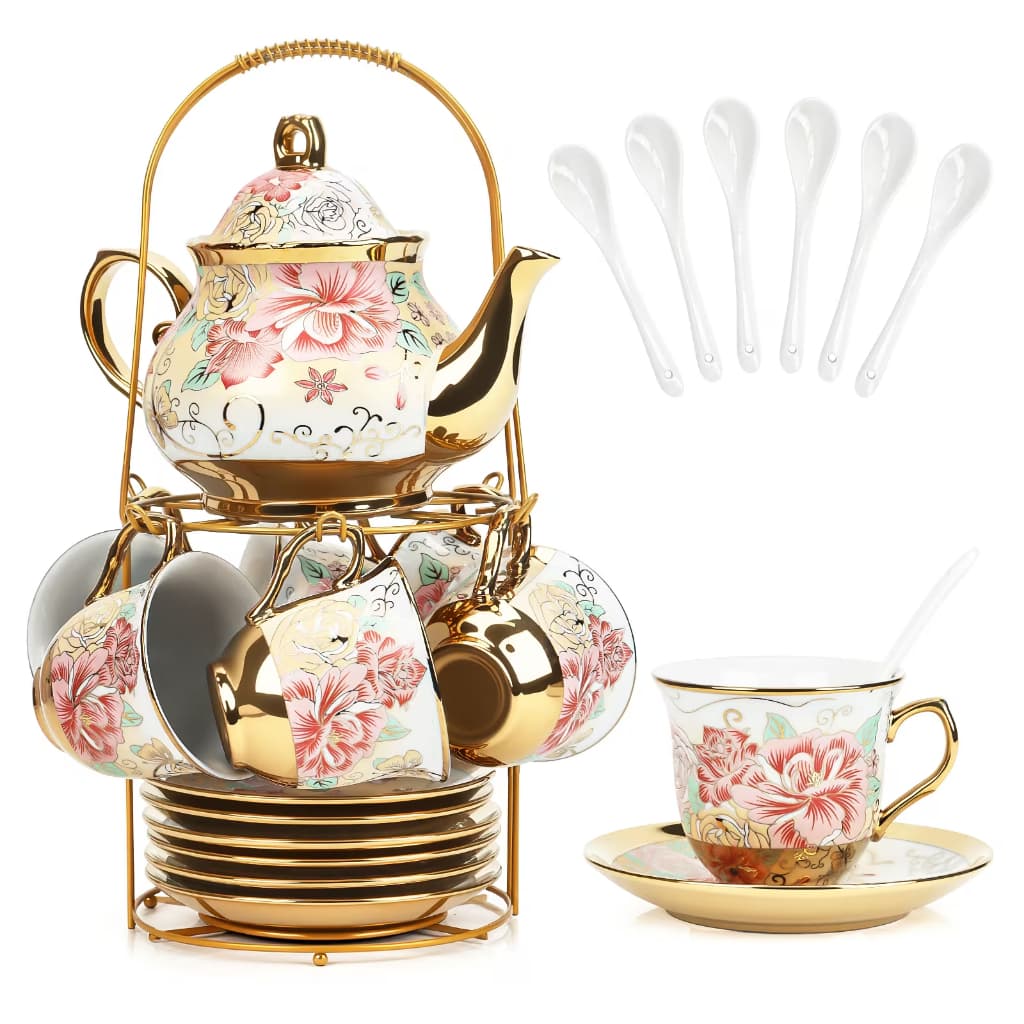 Conjunto Completo de 20 Peças de Louça de Cerâmica Europeia Dourada Rosa para Chá, Conjunto Luxuoso de Caneca
