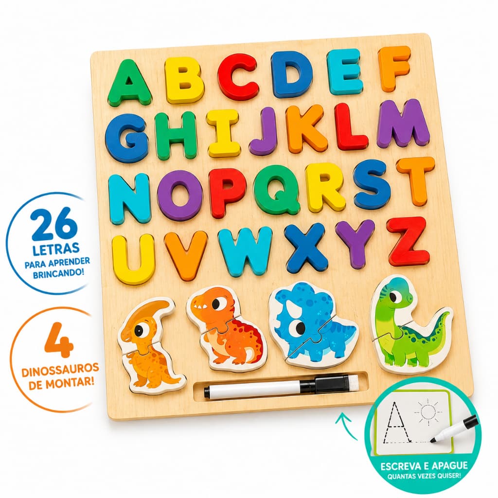 Abecedário Infantil de Madeira Educativo 3D + Lousa Mágica + 4 Dinossauros + Caneta Apagável