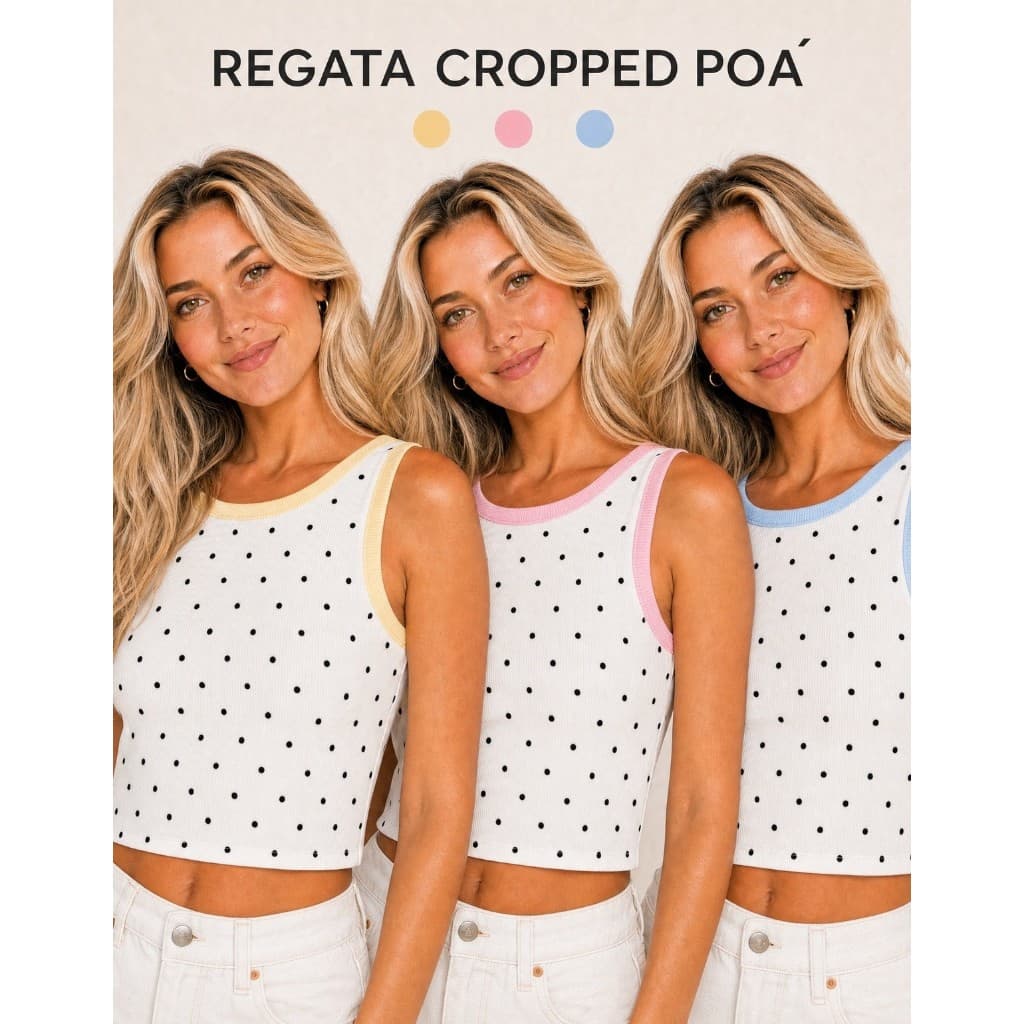 Blusa Cropped Feminino Regata Poa Canelado Premium Cropped Bolinhas Tendencia Moda Feminina Blusa Verão Casual