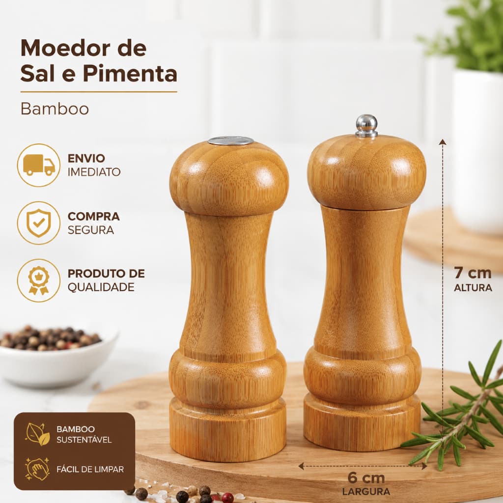 Kit Moedor de Sal e Pimenta Pimenteiro Saleiro Bambu