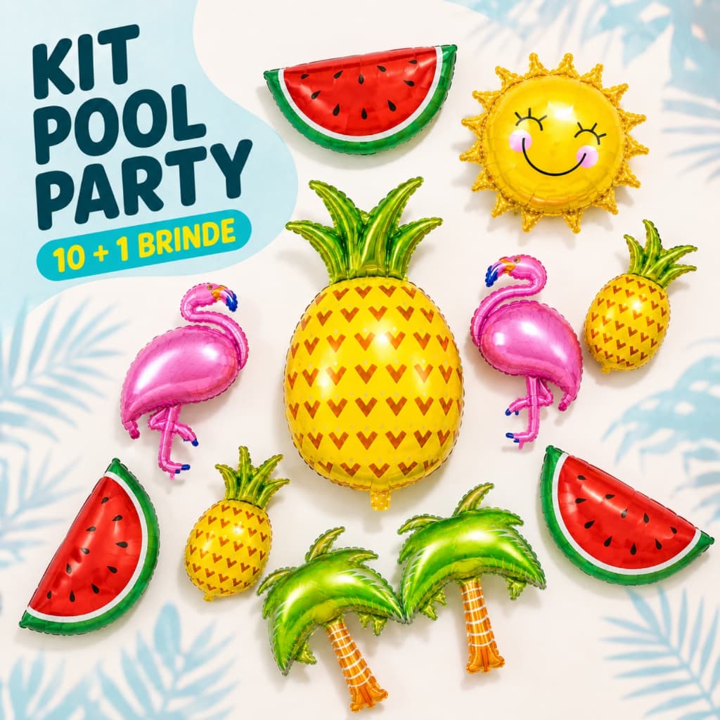 Kit 10 Balão Frutas Tropical Metalizado Centro Mesa Melancia/Limão/Laranja/Abacaxi Pool Party + Brinde