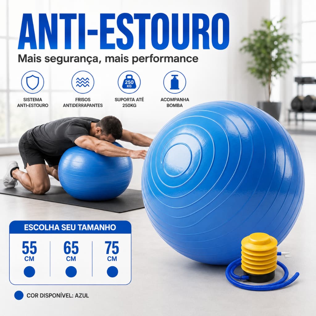 Bola de Pilates Suíça 55 65 75cm Azul MIG Yoga Fisioterapia Abdominal Ginástica Anti-Estouro + Bomba Grátis