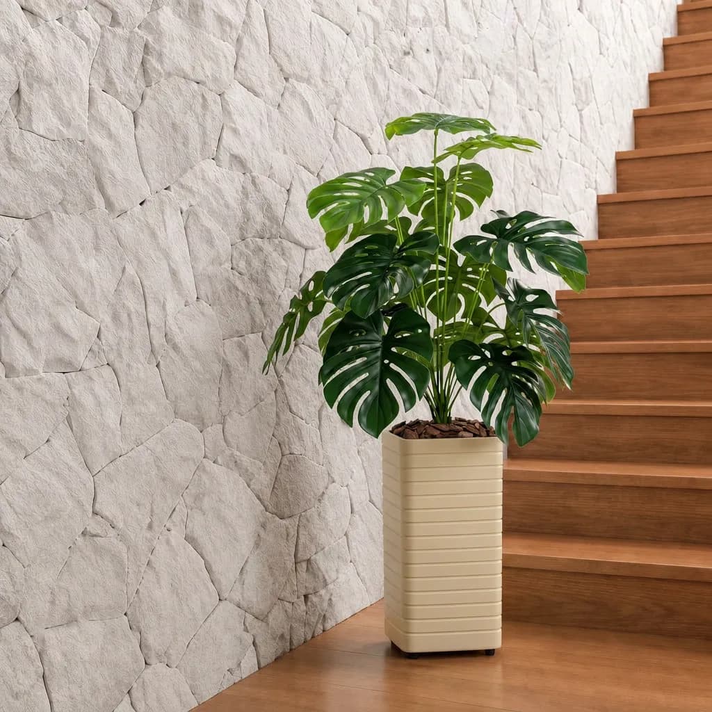Planta Decorativa 18 Folhagem Artificial Costela De Adão Vaso Cachepot Sala Bege