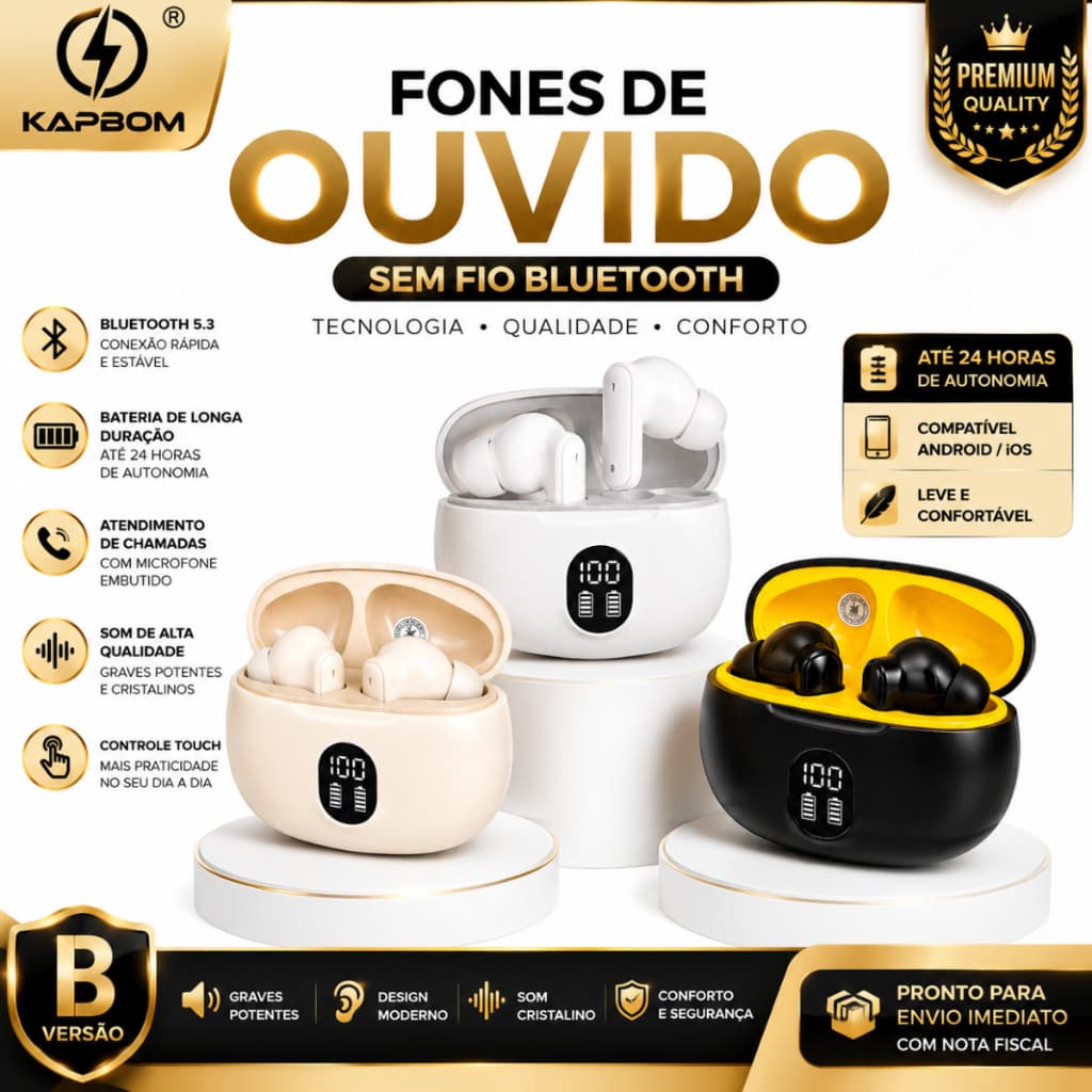 Fone Bluetooth Sem Fio TWS Display Digital KAP BOM 791 Graves Potentes Microfone Android iOS, Lançamento