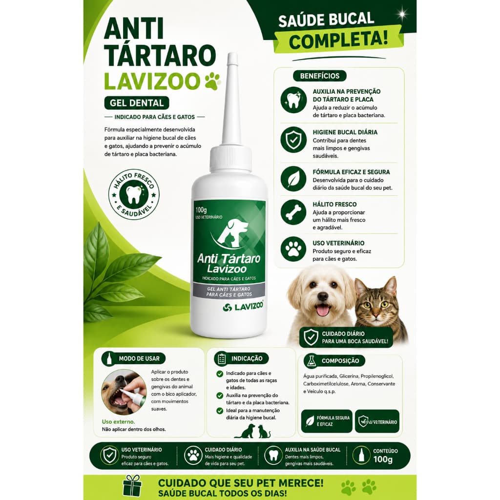 Anti Tártaro Cães e Gatos Gel 100g Creme Dental Laviizoo