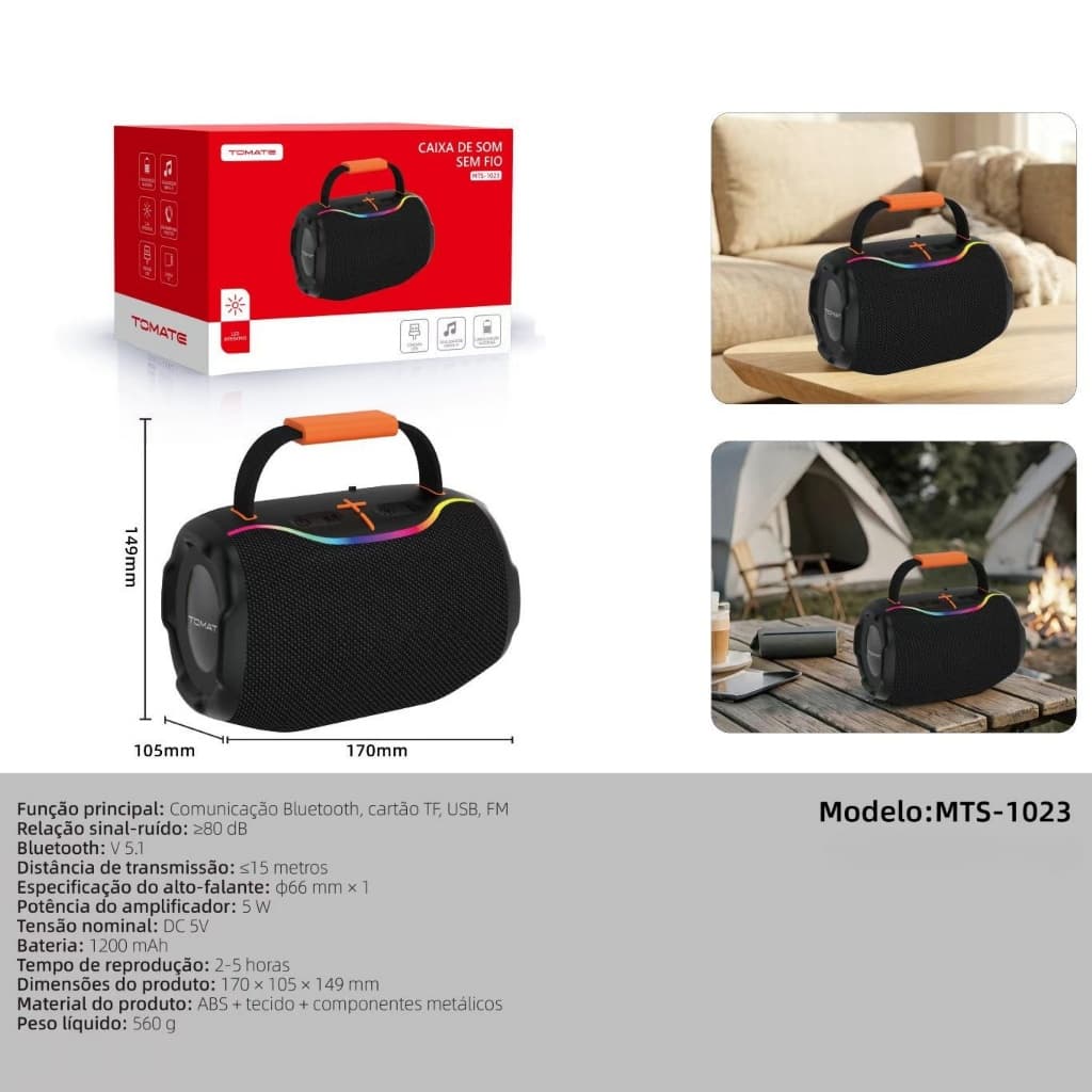 Caixa de Som Bluetooth Luzes LED RGB Som Potente Rádio FM USB TF P/ Festa e Viagem Tomate