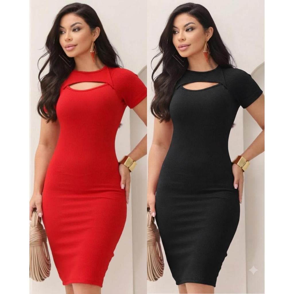 Kit 2 Vestidos  Feminino Decote Vazado Aba Frontal Midi Manga Curta Casual Confortável Canelado P M G GG