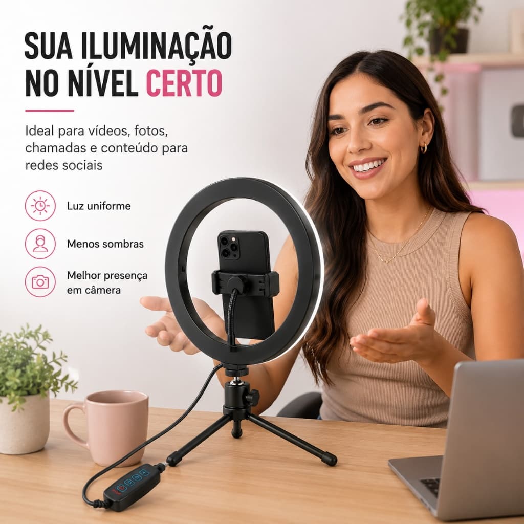 Ring Light 8" 20cm Completo Portátil Profissional com Tripé  e Suporte Para Celular Iluminação Perfeita Foto e Vídeos